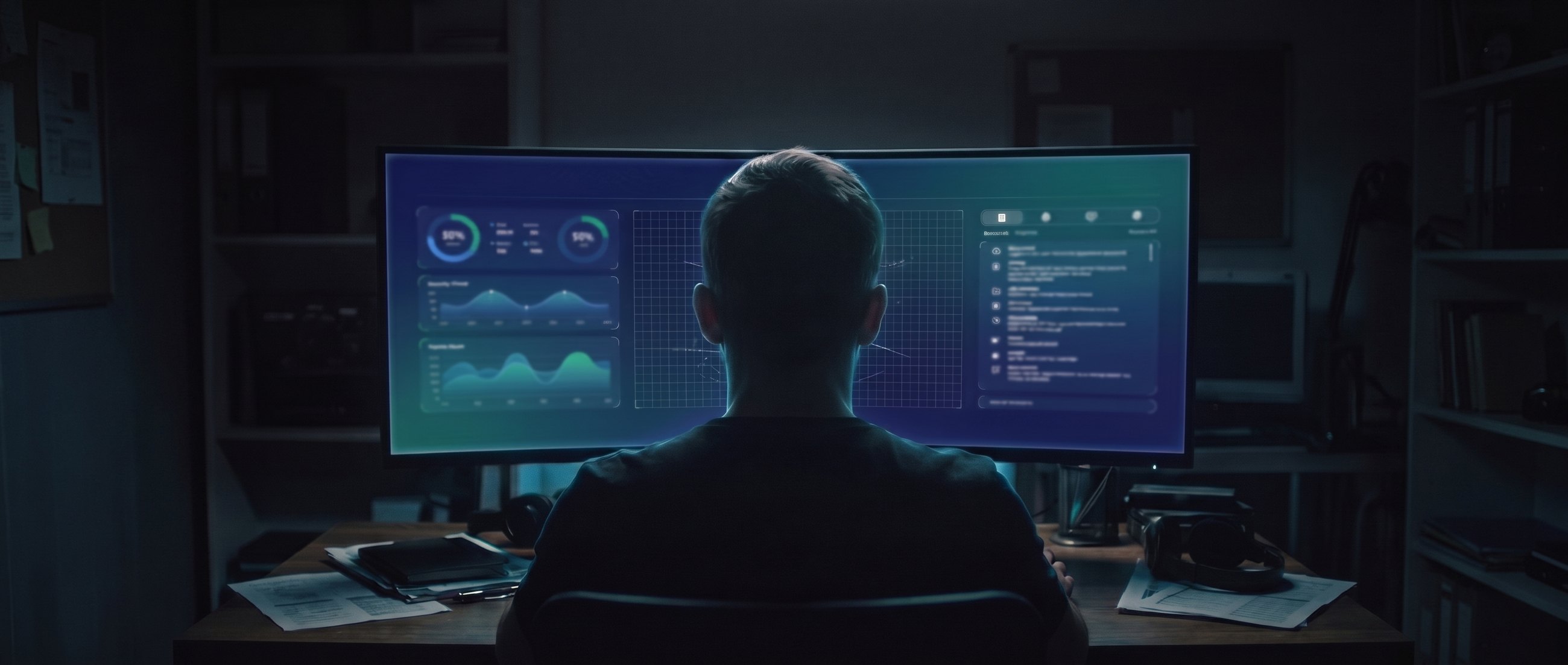A security operator at an ultrawide monitor running an agentic security operations dashboard in a dark room
